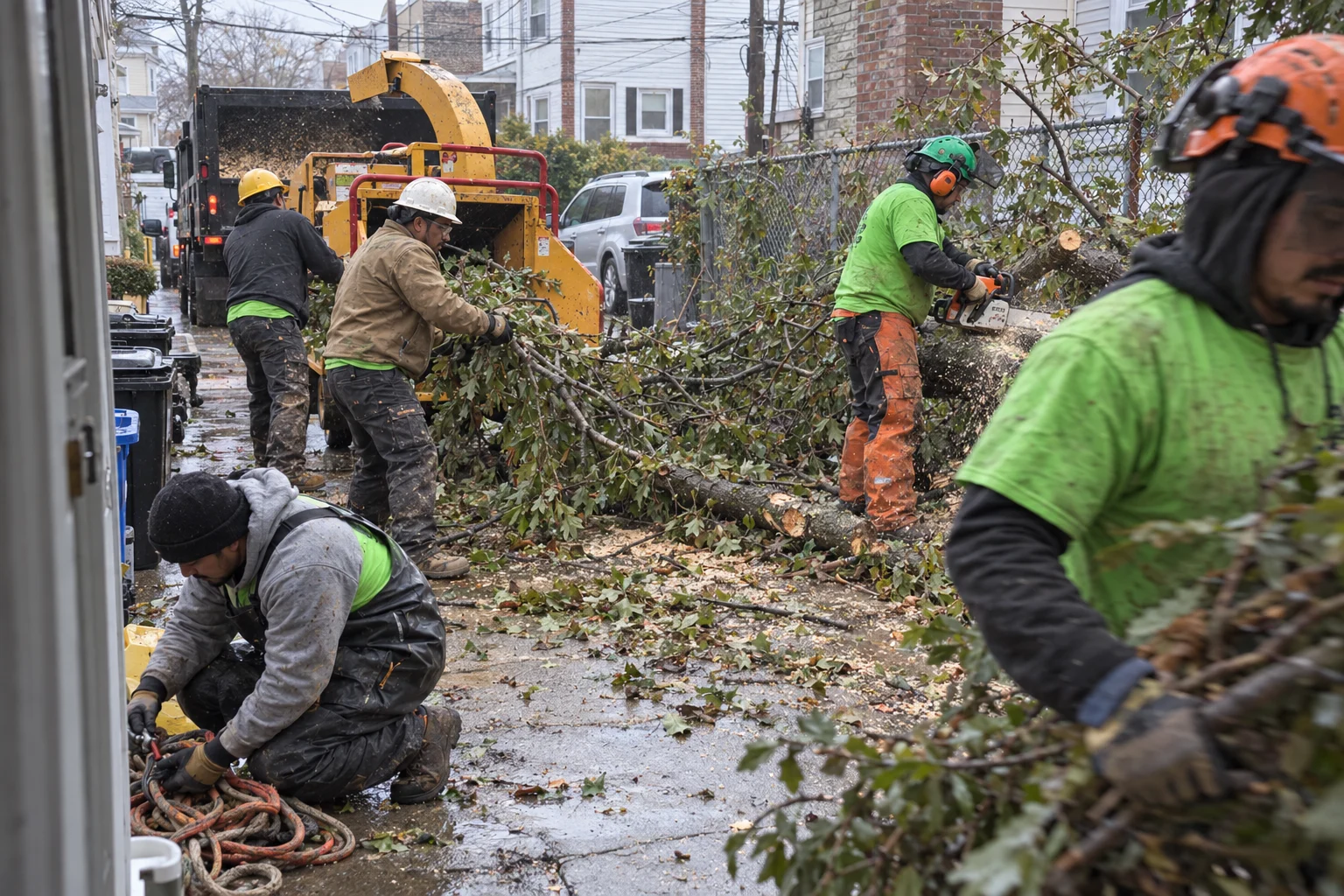 Crew clearing fallen limbs after a storm