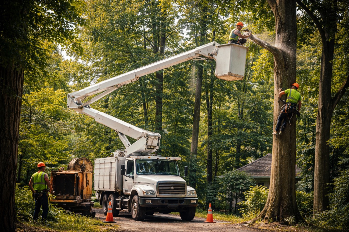 Tree crew working on a large tree in a residential yard