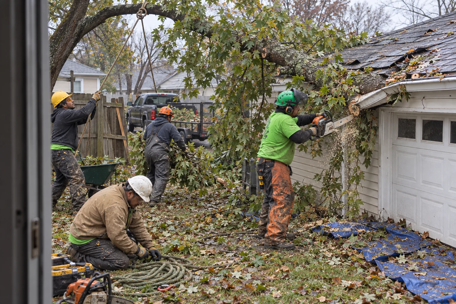 Crew removing a fallen tree from a garage